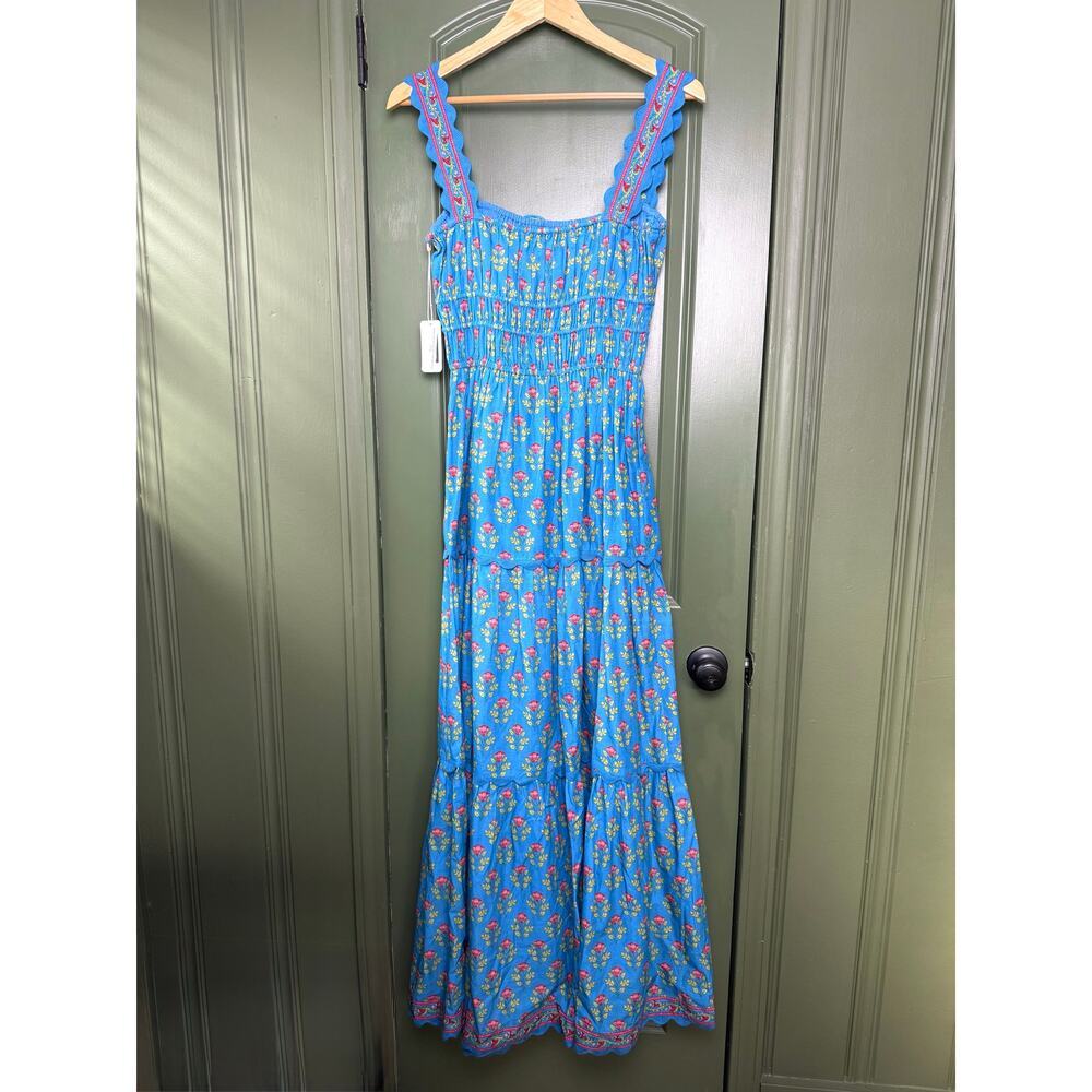 NWT Saylor Zarina Floral Bouquet Block Print Midi Resort Boho Dress Blue Small - Picture 4 of 6